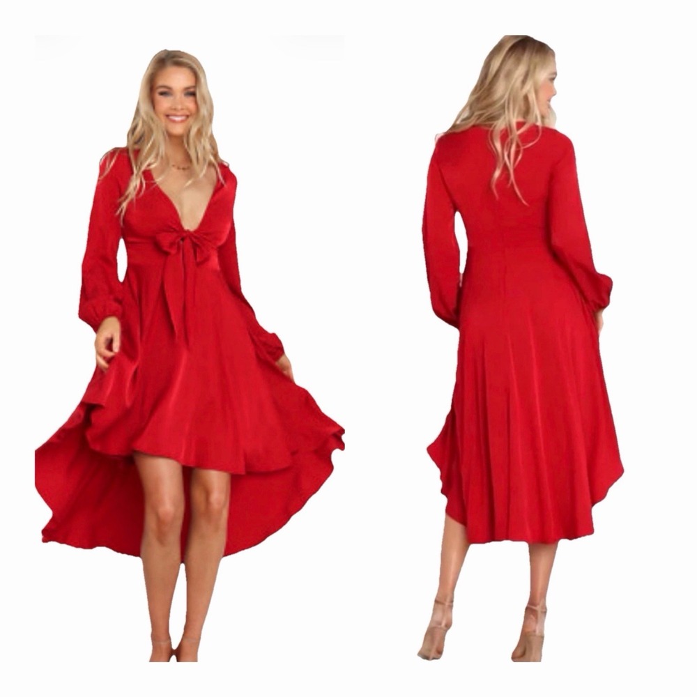 Petal + Pup Wine Red Solid Wrap Dress V-Neck Long Sleeve Hi-Low Ruffle US 4 NWT
